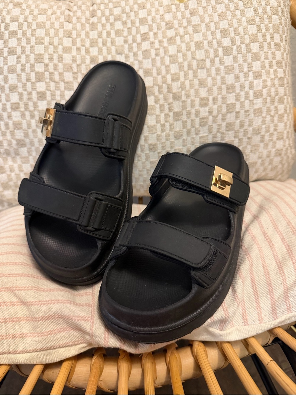 Steve Madden Black Slide Sandals with Gold Buckles